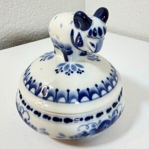 Vintage GZHEL Trinket Box Blue&White Ram Sheep Porcelain Hand Painted Signed EUC
